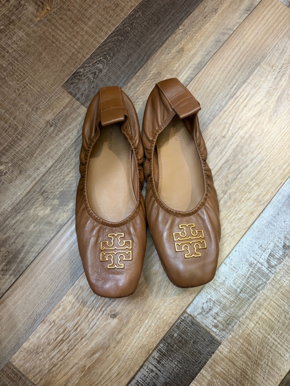 Tory Burch Cognac Leather Logo Ballet Flats